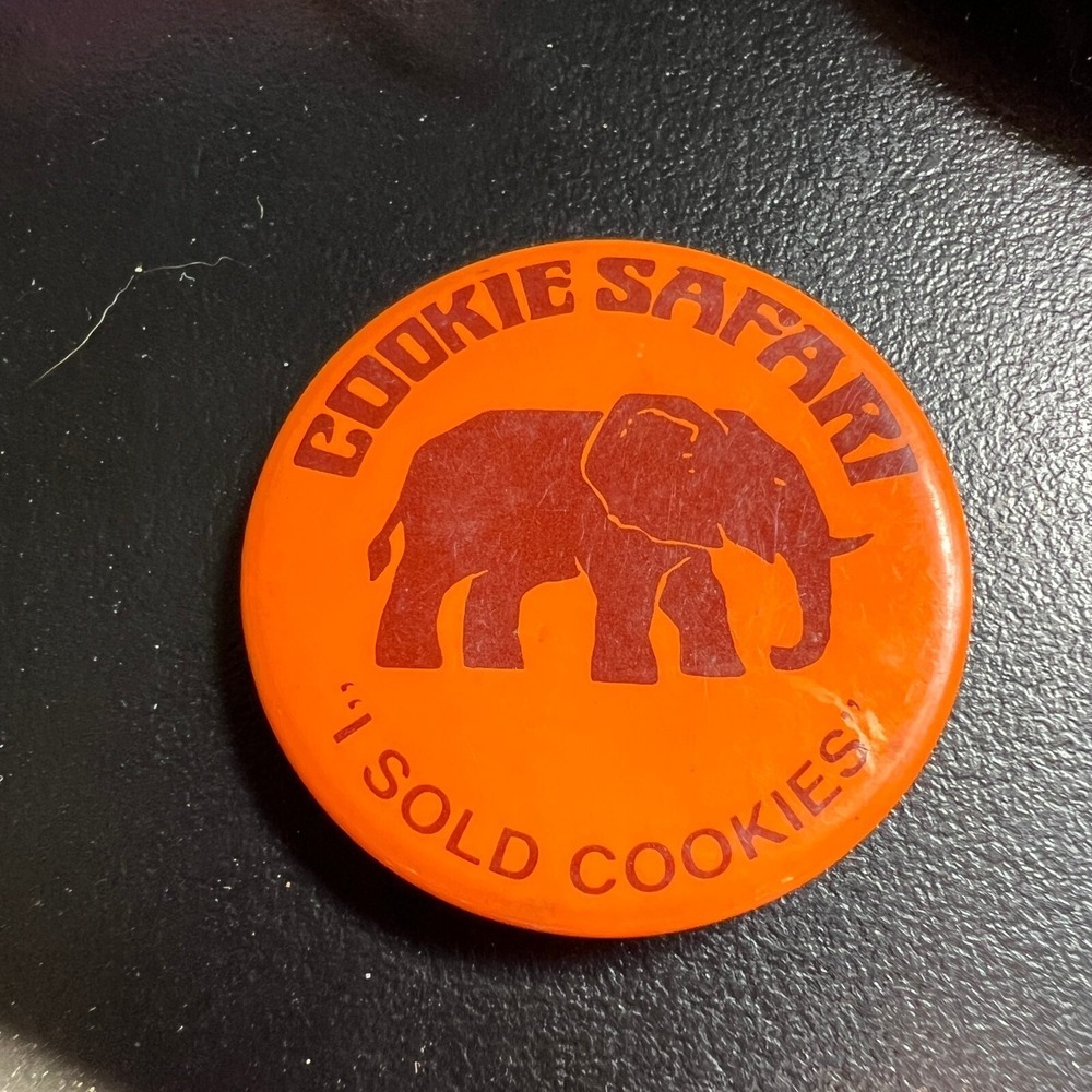 Vintage Girl Scout Cookie Safari Button Pin Orange Elephant